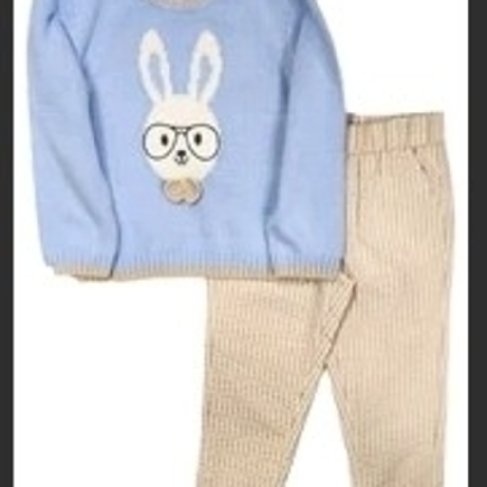 Kids Blue Bunny Sweater and Tan Pants Set